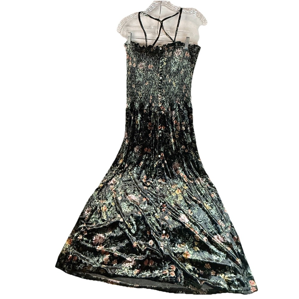 Crushed velvet floral dress smocked strapless midi boho cottagecore READ‎